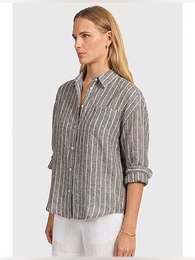 Karen Kane Gray and White Striped Button-Down Shirt